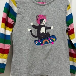 Mini Boden Gray Shirt with Striped Sleeves and Cat Design